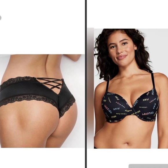 NWT Victoria Secret pink Bra & Strappy Lace Cheeky Panties SET - Picture 1 of 10